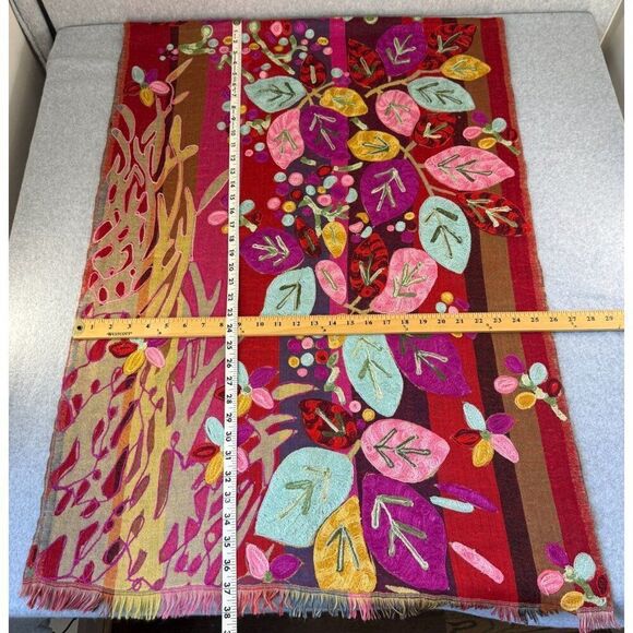 Embroidered Colorful Red Leaf / Floral  Wool? Scarf Shawl Wrap Stole 76" Long - Picture 11 of 14